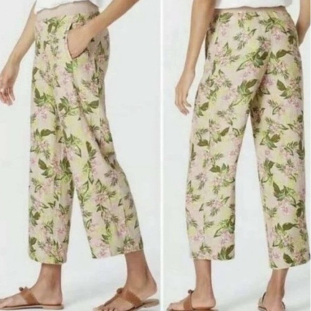 J JILL Love Linen Elastic Waist Orchid Floral Tropical Wide Crop Pants Women L